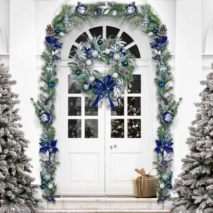 30 Inch Pre-Lit Christmas Wreath for Front Door with Lights, Large Lighted Christmas Wreath with Silver Blue