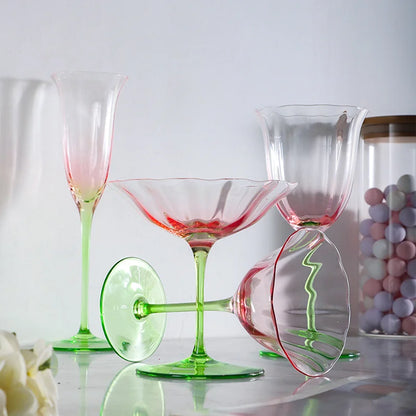 Light Luxury Retro Flower Home Wine Glasses Champagne Cup Set Crystal Goblet Glass Ribbed Pink Green Cocktail Glass Martini Cup