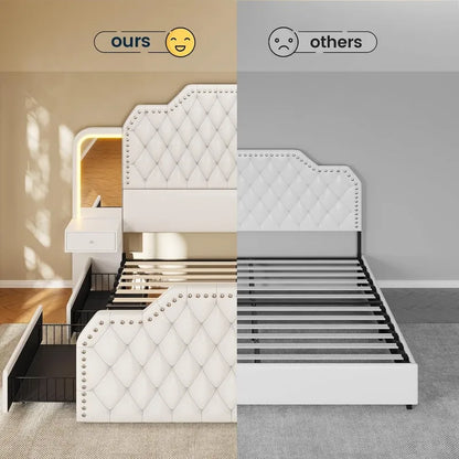 Tall Platform Bed Frame with 4 Storage Drawers, PU Leather Upholstered Queen Bed Frame