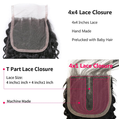 Kinky Curly 4x4 Lace Closure Brazilian Human Hair Deep Wave  4x1 T part Lace Closure  HD Transparent T part 4x4 Lace Closure