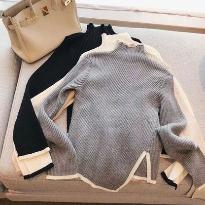 Lucyever Women's Turtleneck Sweater and Pullover Winter 2023 New Side Slit Knitted Sweaters Female Long Flare Sleeve Knitwears