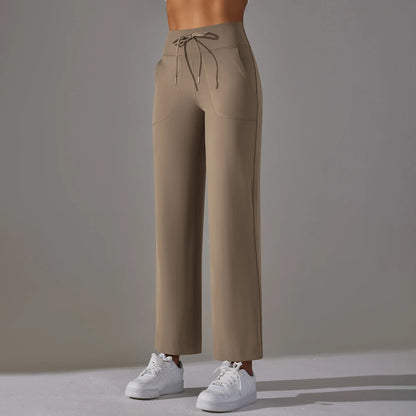 Women Leggings Wide Leg Flare Pants With Pockets Drawstring Sports Trousers High Waist Flared Yoga Leggings Fitness Running Jogg