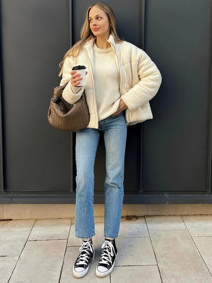 Casual Knitted Women Warm Short Jacket Fashion High Neck Zipper Full Sleeve Female Coat 2024 Winter New Solid Lady Cummuter Tops
