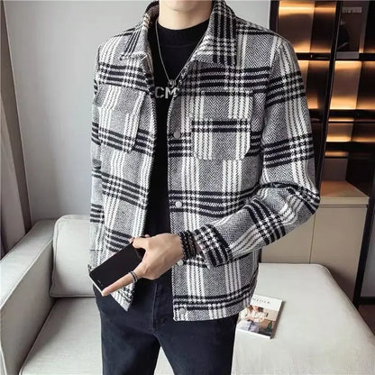 Trendy Plaid Woolen Jacket For Men Casual Autumn Winter Slim Fit Thickened Cropped Coat Fashionable Smooths Your Silhouette