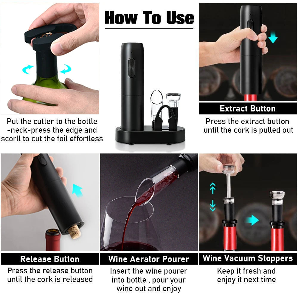 Sleek Automatic Electric Wine Bottle Opener - Rechargeable Corkscrew with Charging Base, Essential Wine Tools for Every Home