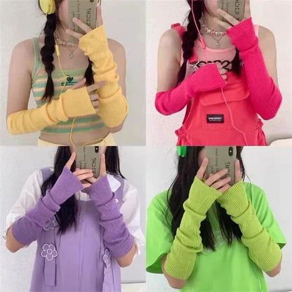 Women Knitted Arm Warmer Long Fingerless Gloves Mitten Winter Y2K Solid Arm Sleeve Fashion Casual Soft Girls Clothes Punk Gloves