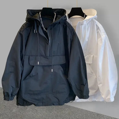 2024 New Trendy Korean Style Men's Jacketsuit Loose-fit Hooded Trench Coat Fashionable Spliced Design Jacket Windbreaker