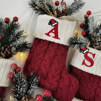 Letters Christmas Stocking Knitting Christmas Tree Pendant Decorations For Home 2024 Xmas Hat Alphabet Socks New Year Decor 2025