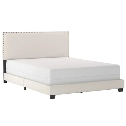 Queen size Bed Frame, Willow Nailhead Trim Upholstered Bed, White Faux Leather,bed Base