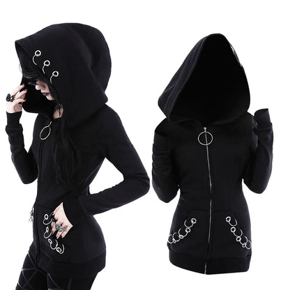 New Arrived Gothic Hooded Coats Black Grommets O-ring Zip Up Pocket Outwears Tops Spring Autumn Wide-waisted Jacket
