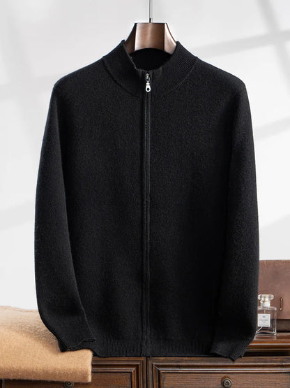 Autumn Winter 100% Pure Goat Cashmere Zipper Cardigan Men's Semi-Turtleneck Knit Coat Casual Thicken Jacket High-End Loose Tops