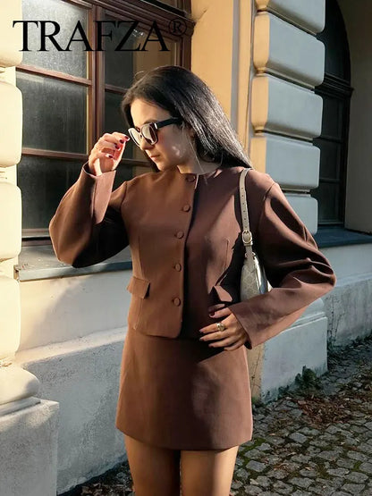 TRAFZA Jacket For Women Fashion Vintage Solid Cropped Blazer Coat O Neck Long Sleeve Jacket Autumn Female Casual Y2K Outerwear