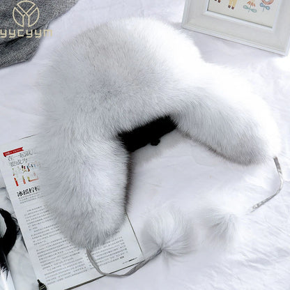 2024 100% Real Fox Fur Hats Women's Russian Ushanka Aviator Trapper Snow Skiing Hat Caps Earflap Winter Raccoon Fur Bomber Hat
