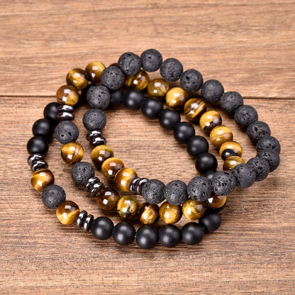 8mm 3 pcs/Set Natural Stone Beads Bracelet For Men Tiger Eys Black Lava Howlite Jewelry Agates Elastic Bangle Bracelets