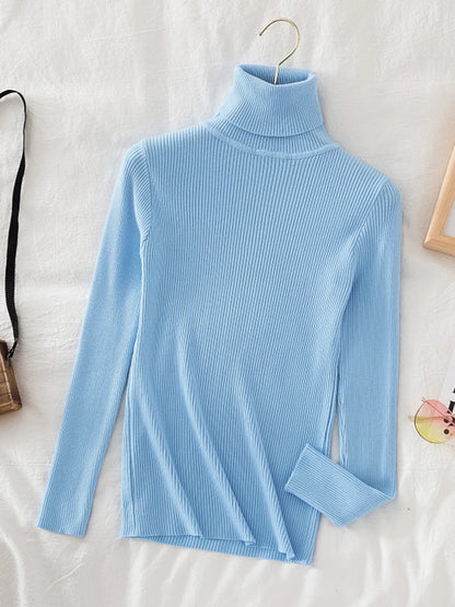 Korean Fashion Turtleneck Women Autumn Winter Pullover Sweater Basic Solid Casual Slim Stretch Ribbed Knitted Top Woman Sweaters