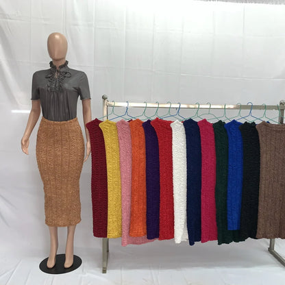 2024 Spring Summer Women New Type Knitted Long Muslim Fashion High Waist Pastel Midi Plus Size Casual Pencil Skirts 202048#