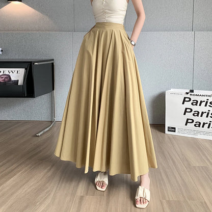 Elegant Women Pleated White Pockets Long Skirts Office Ladies Casual Loose High Waist Midi Skirt 2024 Spring Summer SK20