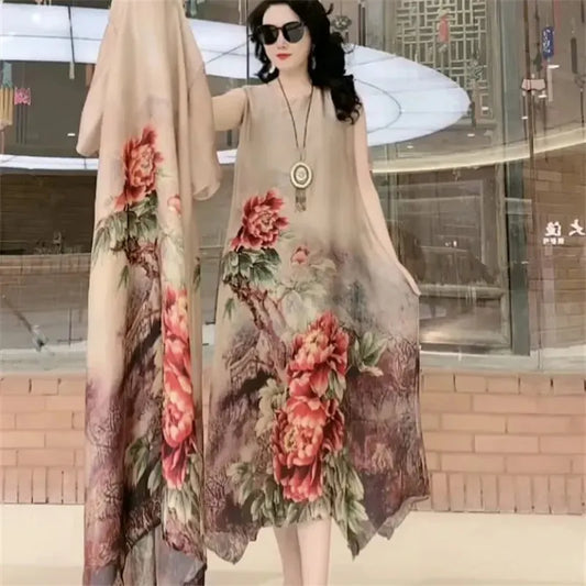 Mother Dress Suit Summer Casual Fashion Printing Two Piece Suits Long Dress Suits Women Temperament Dress Sets Female Suits