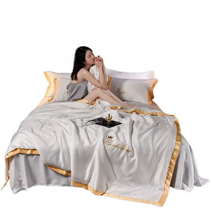 JuwenSilk Simple European Style Ice Silk Summer Cool Quilts Bedroom Nap Air Conditioner Quilted Bedspread S