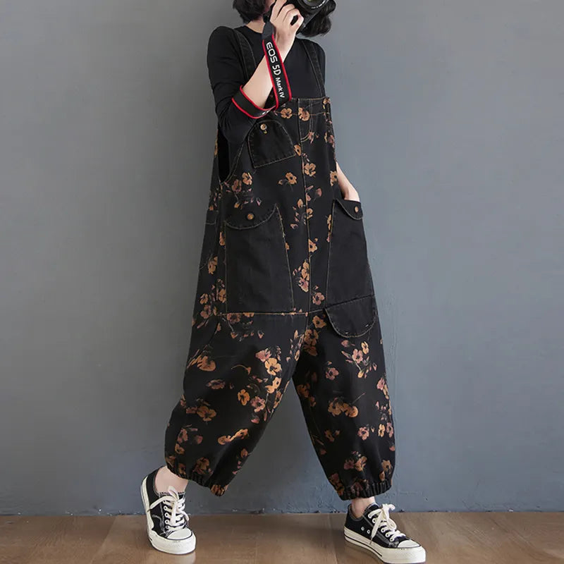 Vintage Floral Denim Jumpsuit for Women - Wide Leg Baggy Straps Cargo Pants