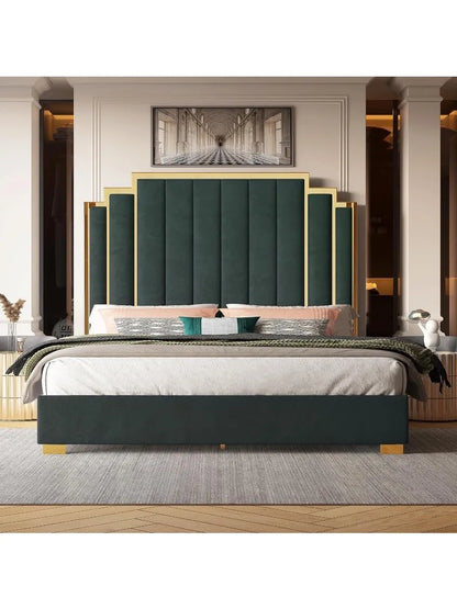 Albott King Size Platform Bed Frame, 65" Velvet Upholstered Bed with Gold Trim Headboard/Wooden Slats/No Box Spring Needed/Green