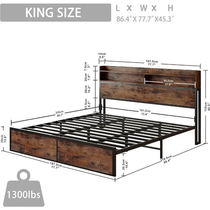 King Size Bed Frame Platform Storage Bed No Box Spring Needed Bedroom Furniture Noise Free Solid and Stable Vintage Brown Home