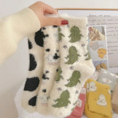 Cartoon Cute Cow Mink Velvet Socks Women Winter Soft Stocking Medium Tube Sock Cute Cloud Plush Cartoon Mink Plush Socks Indoor#