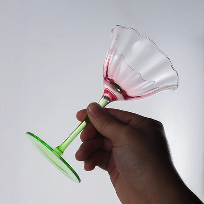 Light Luxury Retro Flower Home Wine Glasses Champagne Cup Set Crystal Goblet Glass Ribbed Pink Green Cocktail Glass Martini Cup
