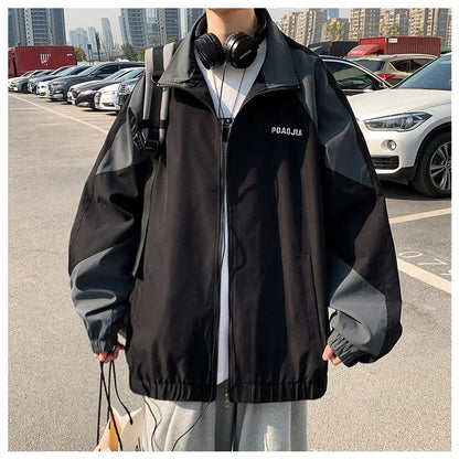 Men's Casual Jacket Contrasting Color Retro Streetwear Coat Zip Up Jacket Windbreaker Thin Sports Coats Outdwear Hiking Clothes