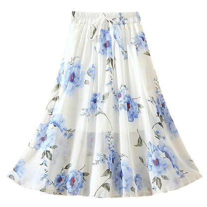 Women Skirt Summer Retro Fashion Beach Harajuku Blue Ink Painting Series Flowers Midskirt Lacing Elastic Waist Female Skirts