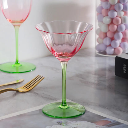 Light Luxury Retro Flower Home Wine Glasses Champagne Cup Set Crystal Goblet Glass Ribbed Pink Green Cocktail Glass Martini Cup