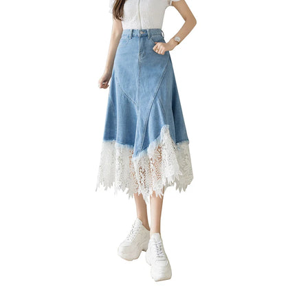 Women's A-line Denim Skirt Vintage 90s Aesthetic Y2k Long Cowboy Skirt Harajuku Korean Emo Jean Skirt 2000s Clothes Summer 2024
