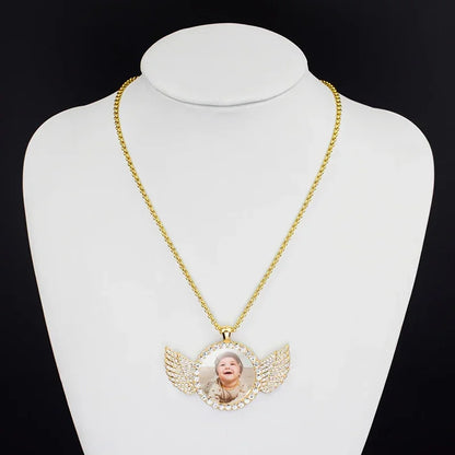 Custom Baby Photo Angel Wings Pendant with Long Chain Rhinestones Necklace Personalized Glass Dome Picture Customized Jewelry