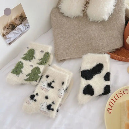 Cartoon Cute Cow Mink Velvet Socks Women Winter Soft Stocking Medium Tube Sock Cute Cloud Plush Cartoon Mink Plush Socks Indoor#