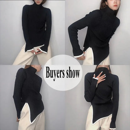 Lucyever Women's Turtleneck Sweater and Pullover Winter 2023 New Side Slit Knitted Sweaters Female Long Flare Sleeve Knitwears