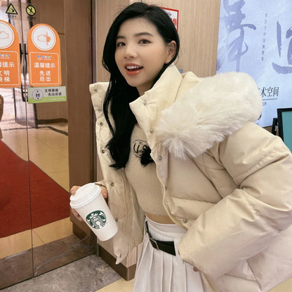 2024 Korean Style Thicken Parkas Women's Winter Fur Collar Down Jacket Fashion Cotton-padded Women's Short Coat Hooded Outerwear