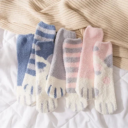 Cat Paw Cute Socks Coral Fleece Winter Women Socks Animal Thick Thermal Floor Sleep Kawaii Candy Color Velvet  Warm Sleep Socks
