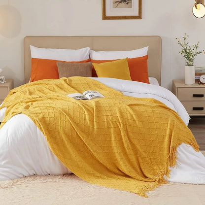 Soft Cozy Vintage Textured Knitted Throw Blankets with Tassels Lightweight Decorative Throws Farmhouse Woven Blanket for Adults