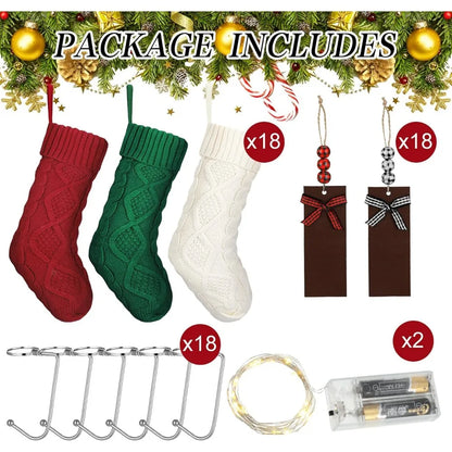 18 Set Lighted Christmas Stockings, 18 Inch Christmas Knit Stockings with Name Tags and Christmas Stocking Holder