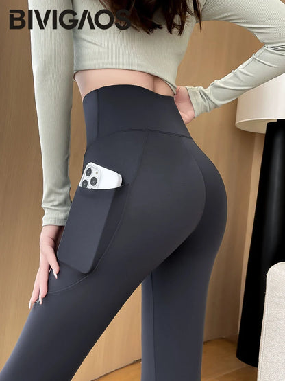 BIVIGAOS Autumn Winter Pocket Phone Shark Leggings Women High Waist Slim-Fit Sport Fitness Leggings Warm Fleece Leggings