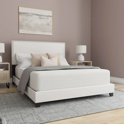 Queen size Bed Frame, Willow Nailhead Trim Upholstered Bed, White Faux Leather,bed Base