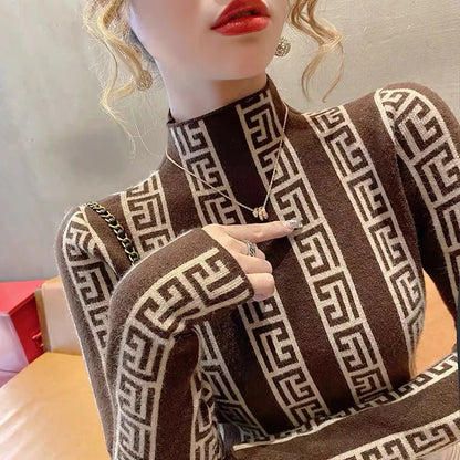 Autumn Winter Slim Knitted Sweaters Chic Vintage Fashion Elegant Commute Elasticity Knitwear Women Turtleneck Jumper