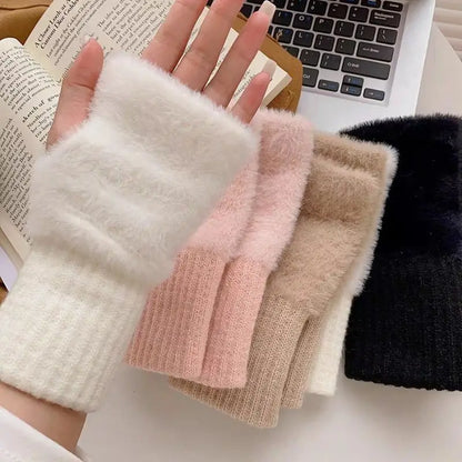 Mink Fleece Soft Winter Half Finger Gloves Women Warm Luxury Solid White Plush Knitted Fingerless Gloves Fluffy Work Gloves