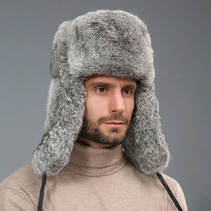 Fashion Thick Warm Bomber Hat Men Real Rabbit Fur Earflap Trapper Russian Cap Male Plus Size Winter Hats for Men Ski Russian Hat