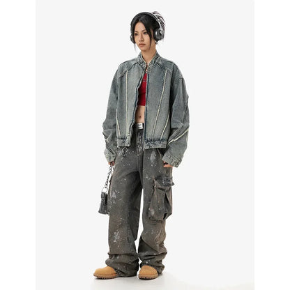 New Spring Autumn Vintage Loose Fit Yellow Mud Distressed Stand Collar Denim Jacket Men Casual Zipper Top Trendy
